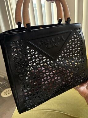 Prada Black Laser-Cut Leather Tote with Wooden Handles